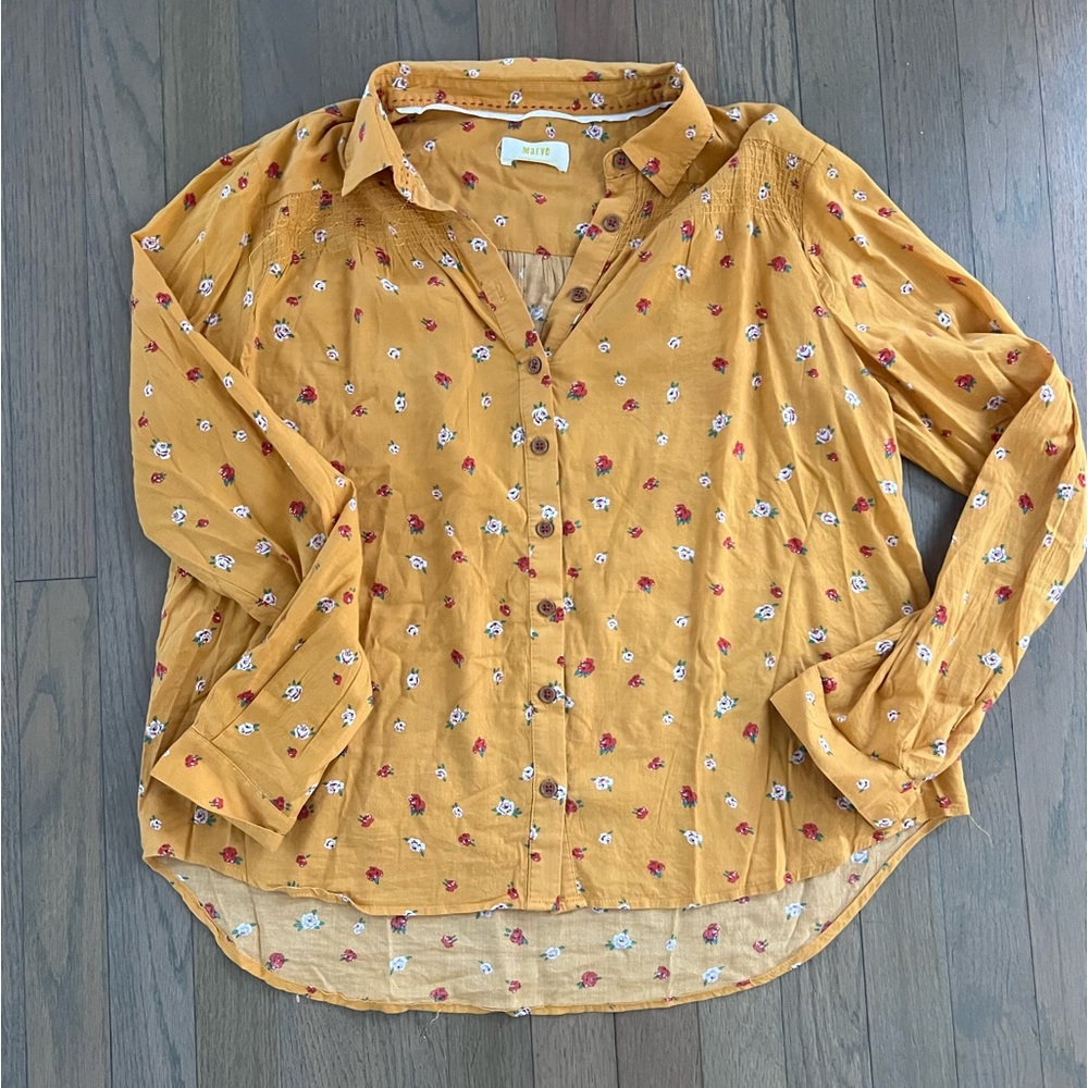 Anthropologie Maeve Smocked Yellow Floral Button Down Top